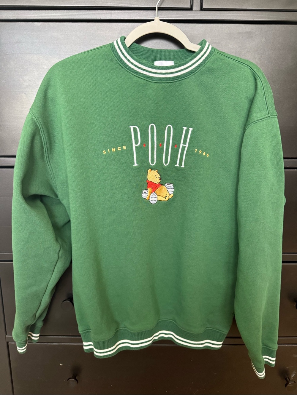 Disney Green Pooh Crewneck Sweatshirt with Striped Trim